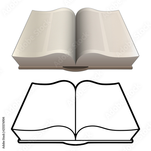 Open classic bible style heavy book isolated vector illustration in both detailed color and black line drawing versions
