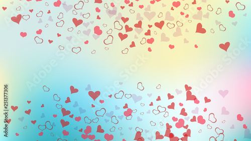 Red hearts of confetti are flying. Red on Gradient background Vector. Light background. Part of the design of wallpaper, textiles, packaging, printing, holiday invitation for birthday.