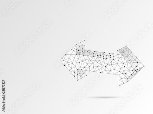 Crossroad direction two ways arrows wireframe digital 3d illustration. Low poly crossway choice concept with lines, dots, starry sky on white background. Raster polygonal road guide origami style sign