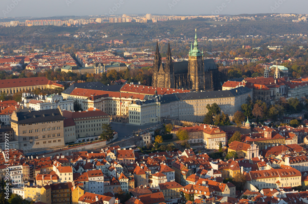 Prague - The roofs of Mala Strana with the  Castle and the St. Vitus Cathedral from Petrin.