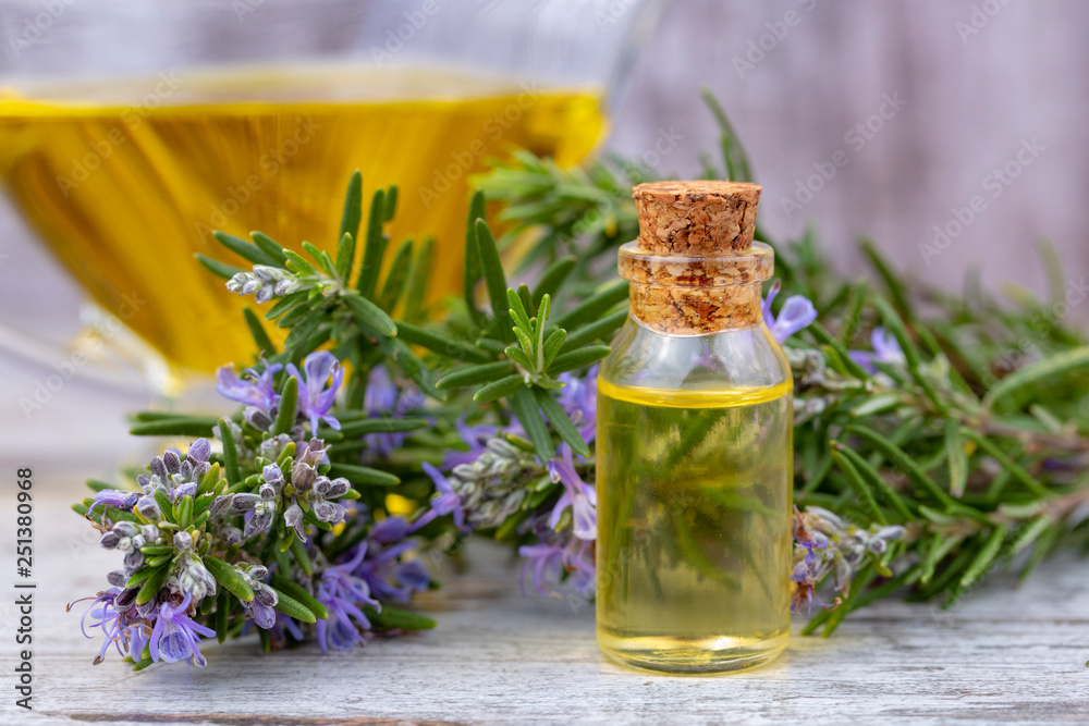 Rosemary essential oil in a small bottle. Natural aroma cosmetic oil
