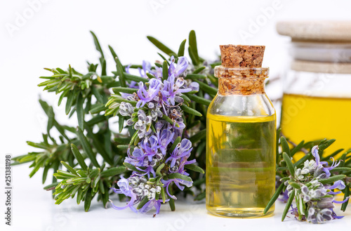 Rosemary essential oil in a small bottle. Natural aroma cosmetic oil