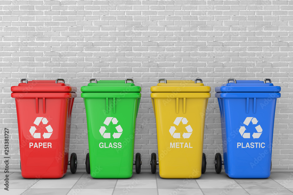 Red, Green, Yellow and Blue Recycle Bins with Recycle Symbol. 3d Rendering Stock Illustration