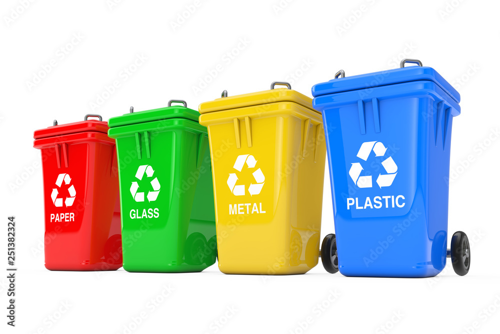 Red, Green, Yellow and Blue Recycle Bins with Recycle Symbol. 3d Rendering Stock Illustration