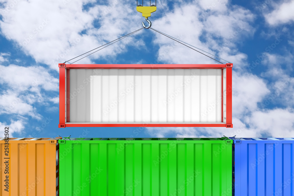 Empty Red Shipping Container with Removed Side Wall Transportation by Crane Hook. 3d Rendering Empty Red Shipping Container with Removed Side Wall Transportation by Crane Hook. 3d Rendering