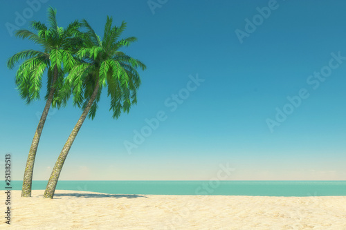 Fototapeta Naklejka Na Ścianę i Meble -  Tourism and Travel Concept. Empty Tropical Paradise Beach with White Sand and Coconut Palm Trees. 3d Rendering