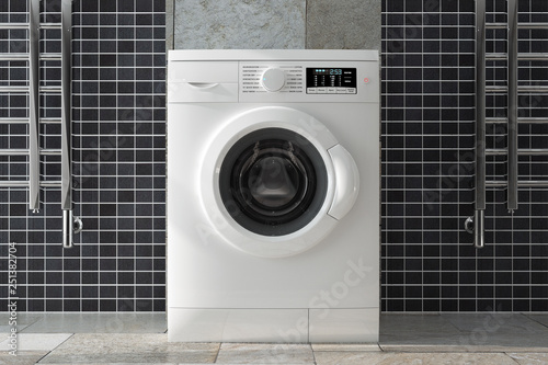 Modern White Washing Machine in Bathroom Interior. 3d Rendering