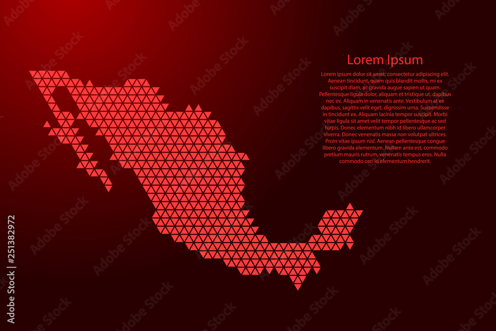 Mexico map abstract schematic from red triangles repeating pattern geometric background with nodes for banner, poster, greeting card. Vector illustration.