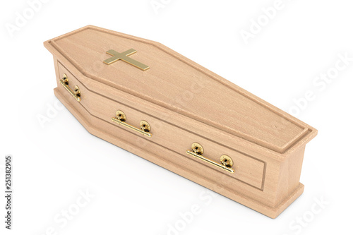 Fototapeta Naklejka Na Ścianę i Meble -  Wooden Coffin With Golden Cross and Handles. 3d Rendering