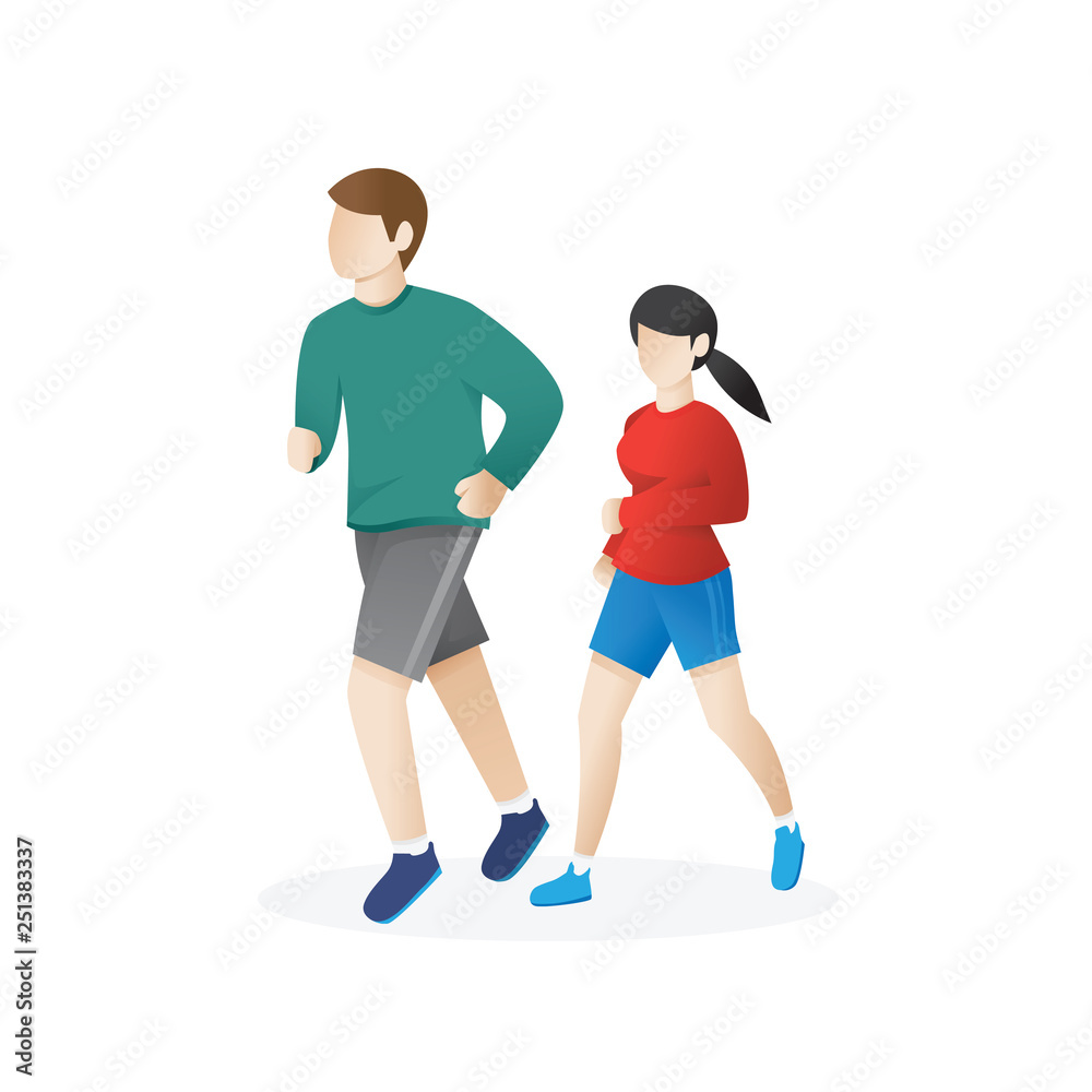 Running Man and Woman. Young man and a woman running. Man and woman in sportswear running on a white background. Jogging couple vector illustration