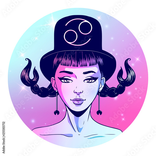 Cancer zodiac sign artwork, beautiful girl face, horoscope symbol, star sign, vector illustration photo