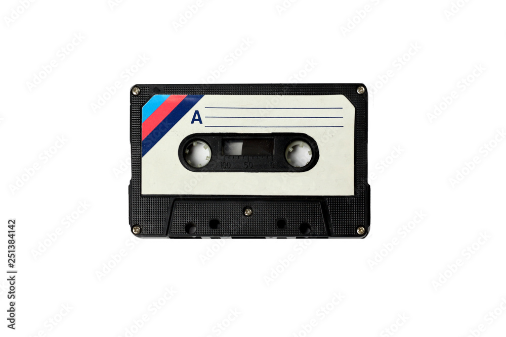 Audio retro vintage cassette tape isolated on white 80s style