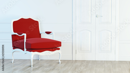 Classic red armchair on interior wall background. 3d rendering.