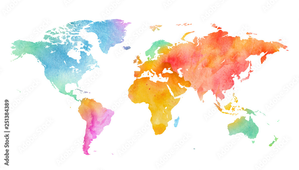 Obraz premium Mapa świata wielokolorowe akwarela na białym tle.