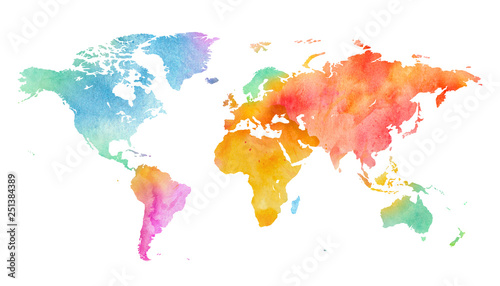 Mehrfarbenaquarell-Weltkarte auf weißem Hintergrund.