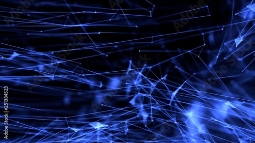 Abstract plexus atom connections through thread with particles blue