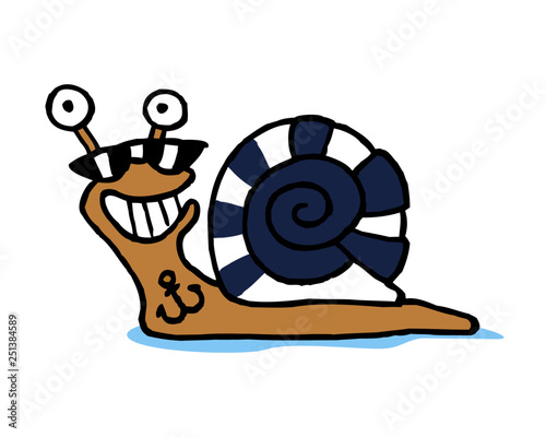 Snail sailor with tattoos anchor and striped shell, cartoon photo