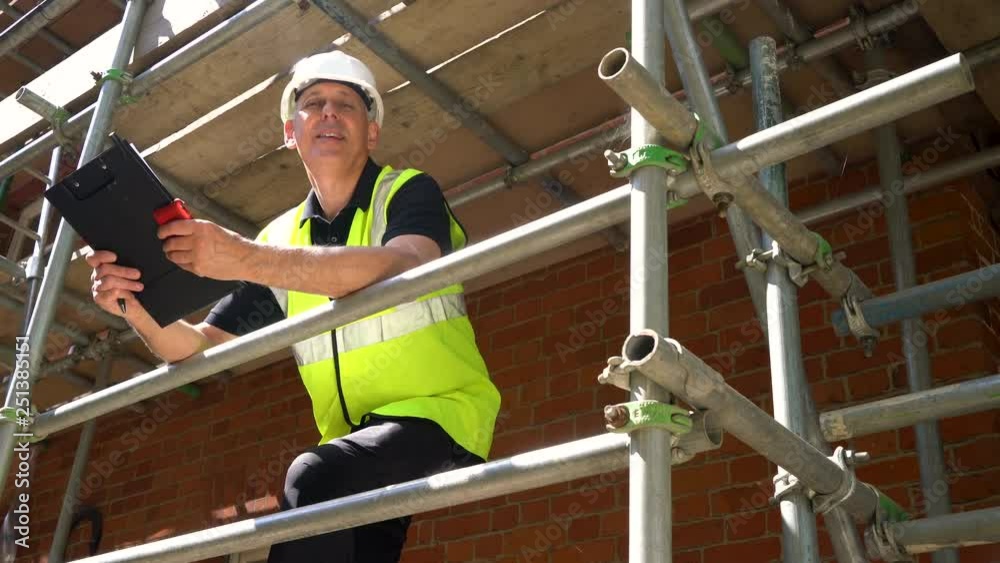Male builder foreman, worker or architect working on construction building site standing on scaffolding with clipboard and cell phone