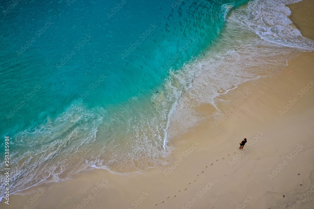 Obraz premium Man going on the beach with big waves, blue ocean and yellow sand, Kelingking beach, Nusa Penida, Bali, Indonesia, aerial view