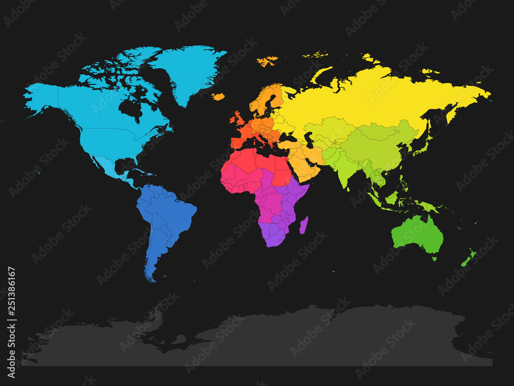 Obraz premium Colorful map of World divided into regions on dark grey background. Simple flat vector illustration