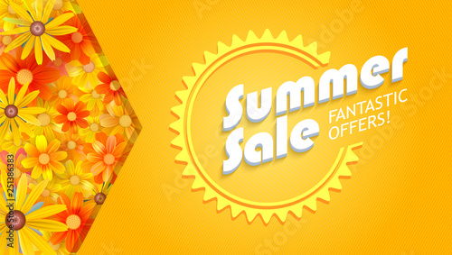 Summer sale. Three-dimensional text on hot yellow background with summer flowers. Bouquet of blooming daisies in the background. Banner for summer sales, discounts actions.