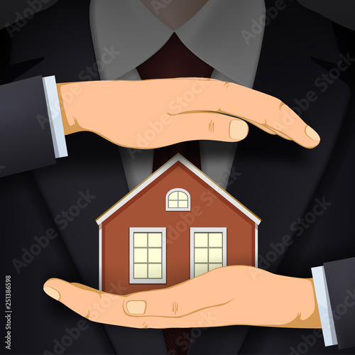 Man in suit holding house. Real estate or safety concept.