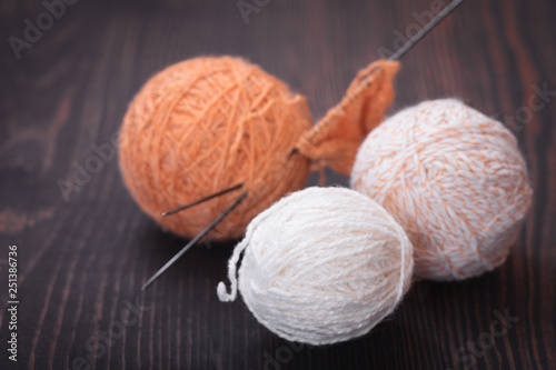 Skeins of wool thread for knitting.