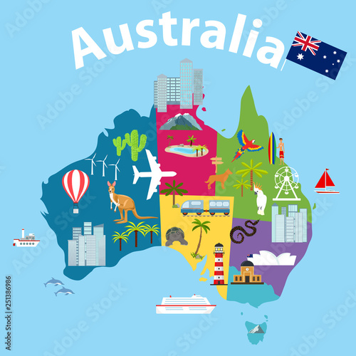 Map of Australia, tourist map of Australia. Cartoon map of Australia with animals and landmarks.