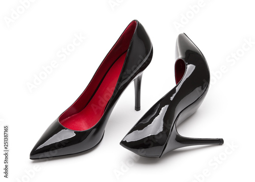Black patent leather high-heeled shoes. Women's high-heeled shoes. 