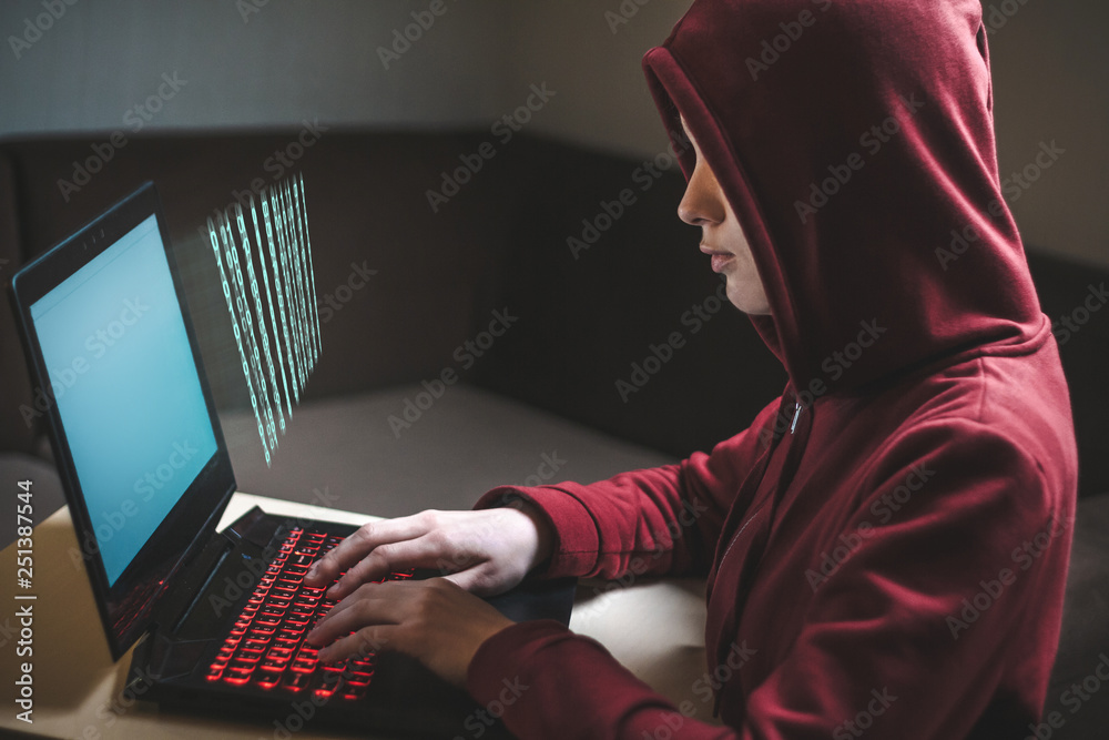 Naklejka premium Dangerous hooded woman hacker breaks into personal data and infects system with a virus. Hacker attack, cyber security. Hacking and identity theft, fraud, scam concept