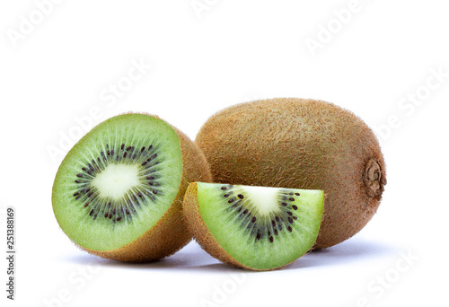 Isolated piece, half and whole of ripe kiwi fruit on white background