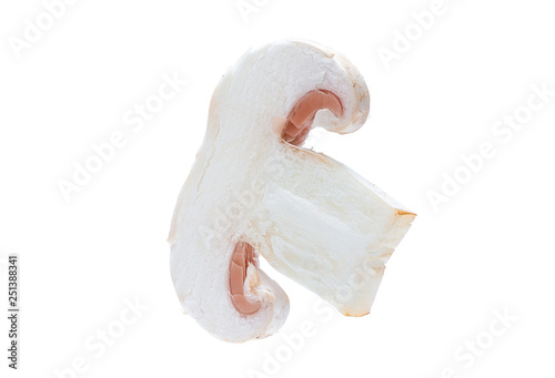 Isolated cut piece of champignon mushrooms on white background