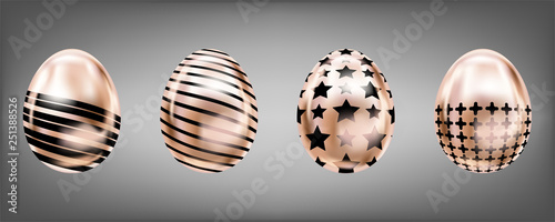 Four glance metallic eggs in pink color with black star, cross and stripes. Isolated objects for Easter decoration
