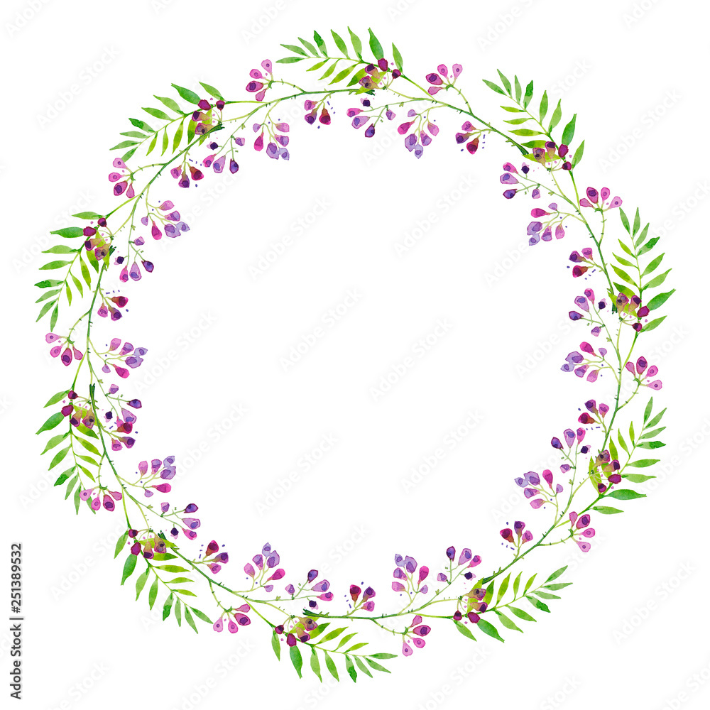 a bright wreath of branches of purple flowers and green leaves, watercolor illustration.