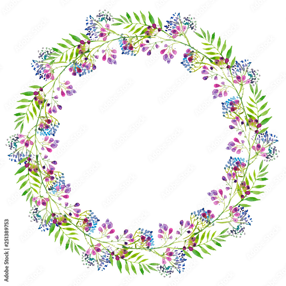 wreath of branches of purple flowers and green leaves, blue berries, watercolor illustration.