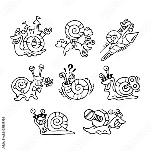 Snail shell cartoon  set of black and white icons