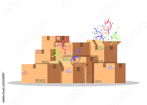 Cardboard boxes for packing and transportation of goods. Delivery service concept. Product packaging. Carton boxes with confetti. Flat style vector illustration isolated on white background.