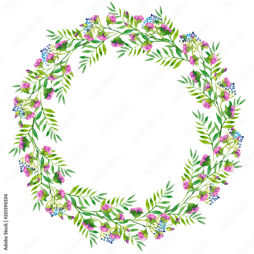 bright wreath of branches of blue  purple flowers and green leaves, , watercolor illustration.