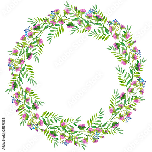 bright wreath of branches of blue  purple flowers and green leaves, , watercolor illustration.