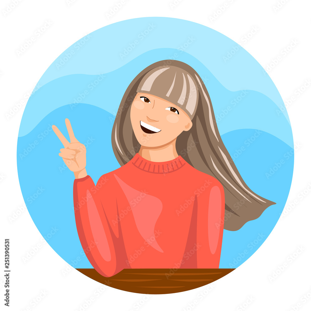Pretty young woman showing victory sign. Smiling woman makes gesture of peace. Vector illustration Pretty young woman showing victory sign. Smiling woman makes gesture of peace. Vector illustration