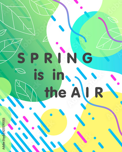 Unique spring card with bright gradient background,tiny leaves,fluid shapes and geometric elements in memphis style.Bright abstract layout perfect for prints,flyers,banners,invitations,covers and more