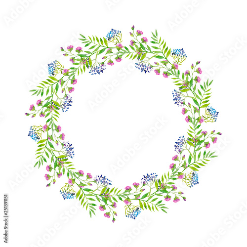 Bright delicate wreath of curly pink and blue purple flowers and green leaves, watercolor illustration.