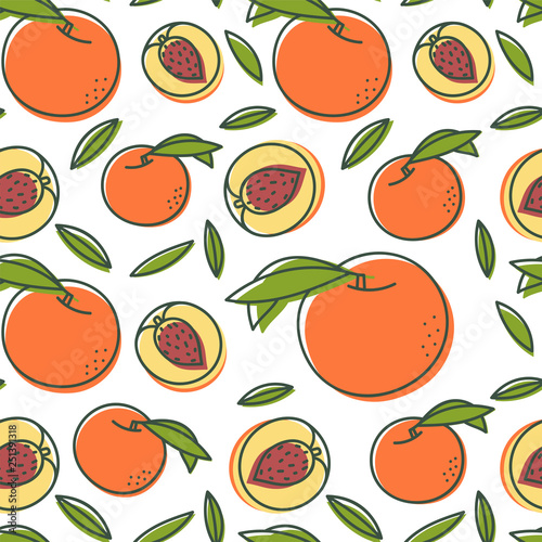 Peach seamless pattern. Hand drawn fresh exotic fruit. Vector sketch background. Color doodle wallpaper