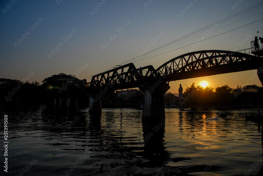 Sunset over the bridge on the River Kwai.