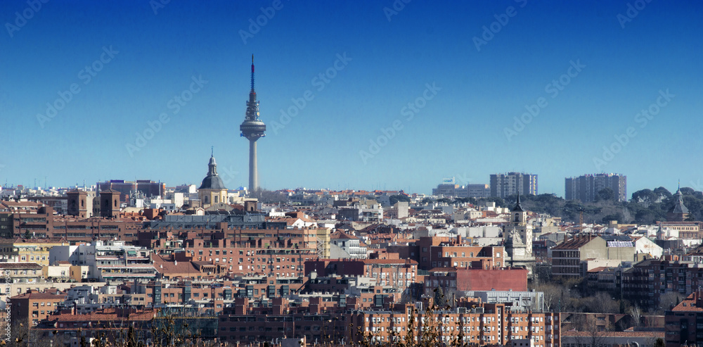 View of buildings and Torrespaña tower from a lookout in Madrid. Spain