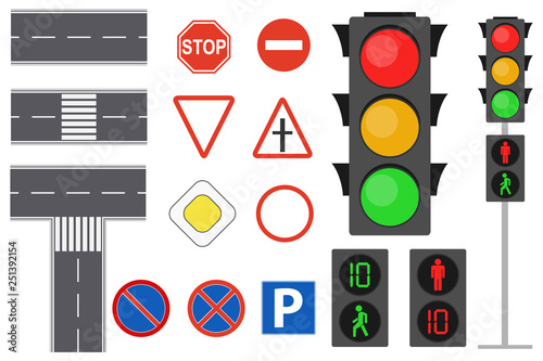 Illustration of info graphic traffic signs icons set concept. Traffic sign and lights realistic. Flat road signs set. Road icons.