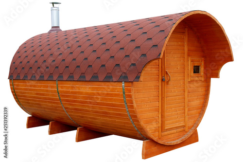 Mobile bath in the form of a wooden barrel. photo