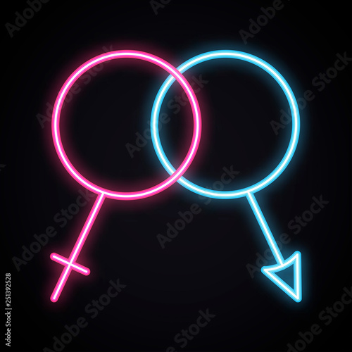 Bright neon gender men and women sign. Glowing blue and pink sex symbol. Female, male, couple, relationship light theme.