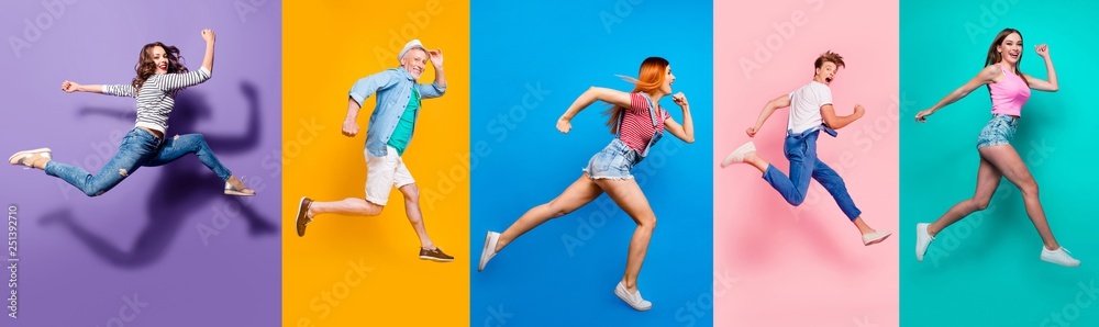 Full length body size view photo portrait collage of running sporty people in striped T-shirt overalls looking in front striving progress active life isolated on bright colorful different background