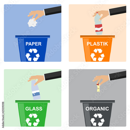 Man hand throws garbage into a plastic container. Hand of man throwing garbage into organic container. Concept of garbage processing.